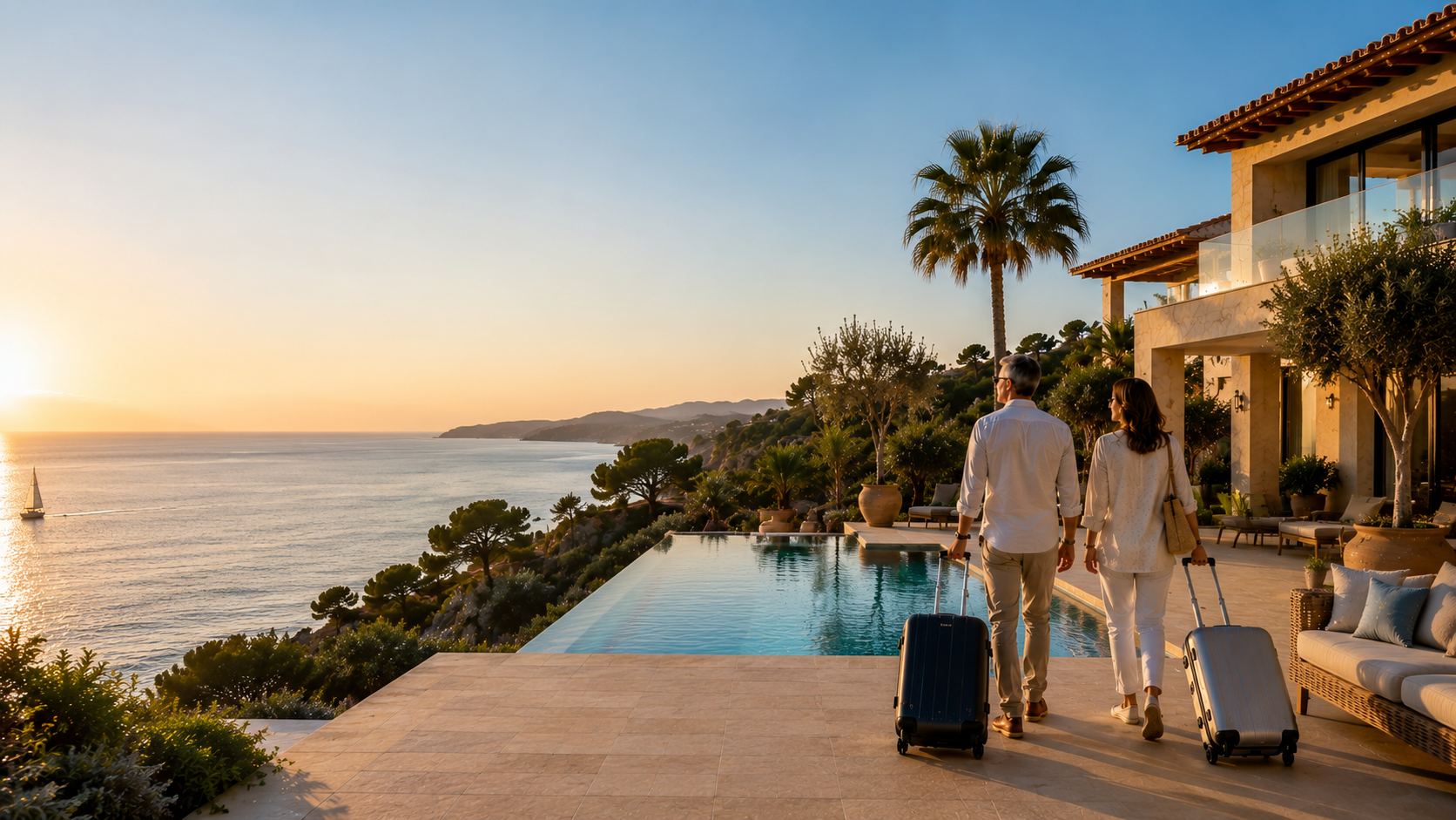 Llegada a una vivienda junto al mar en Mallorca al atardecer